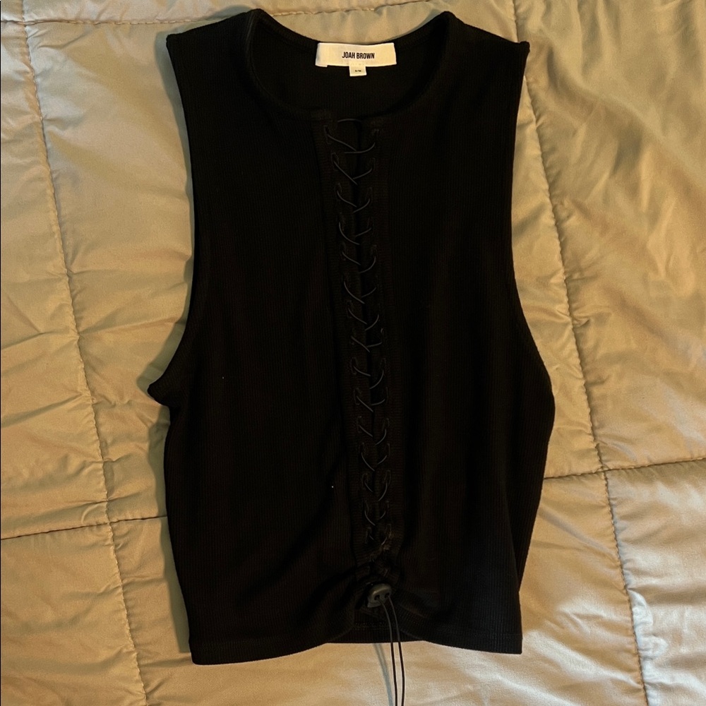 Joah Brown Black Lace-Up Tank Top